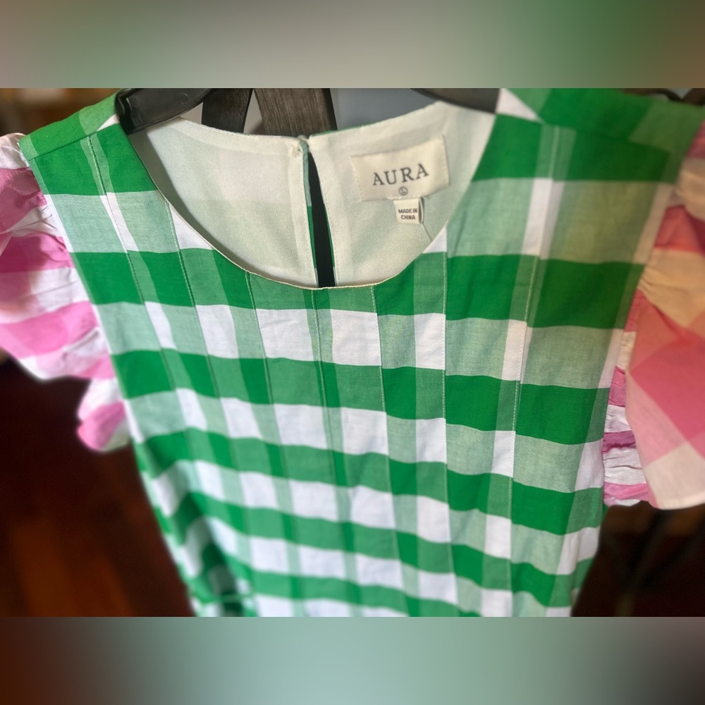 💚 Aura Green/White Checkered Dress. Pink Accents & Pockets. Women’s Large. NWOT. - Picture 2 of 14